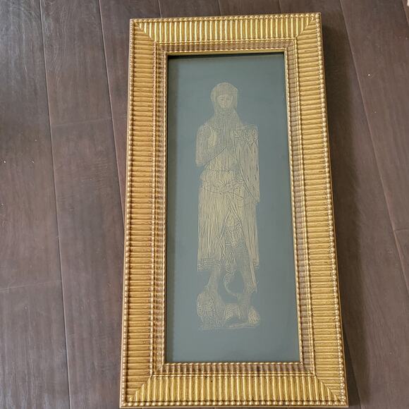 Vintage Sir Roger de Trumpington Brass Rubbing Art in Ornate Gold Frame 31x19 - Picture 10 of 16